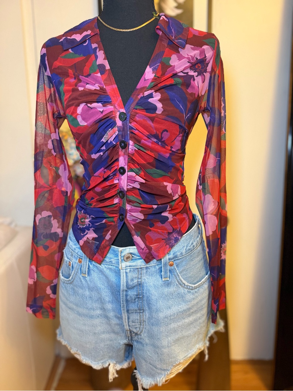 Maeve Ruched Button-Front Floral Mesh Top in Red, Purple, Pink